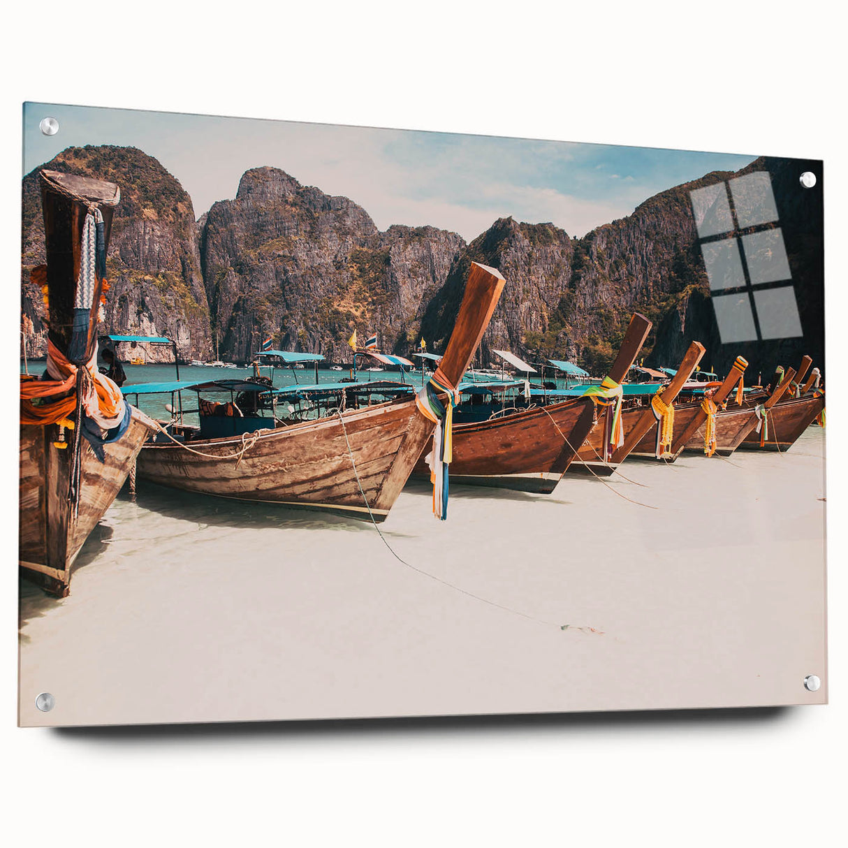 Large abstract wall art of Asian scenery in muted colors on acrylic glass, ideal for bedroom or dining room decor.