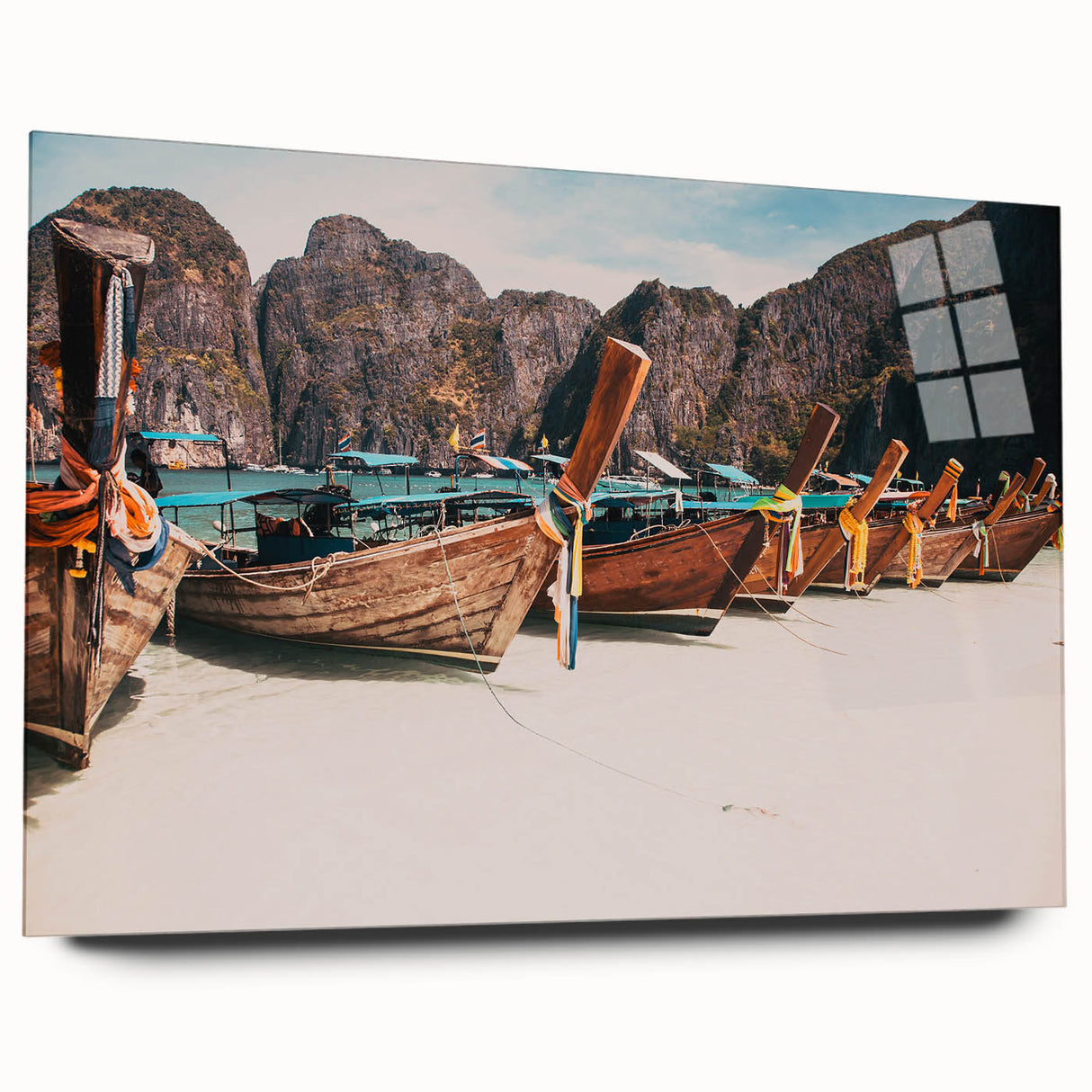 Large abstract wall art featuring a serene Thailand landscape in soft blue and green tones on acrylic glass.
