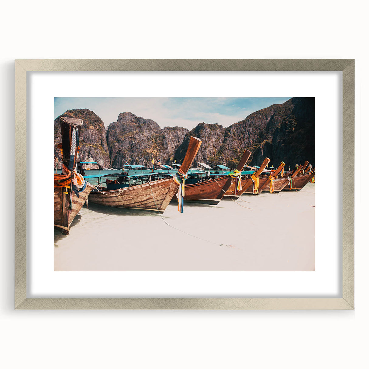 Textured art print of an abstract Thai landscape in muted earth tones, framed in silver, ideal for bedroom art.
