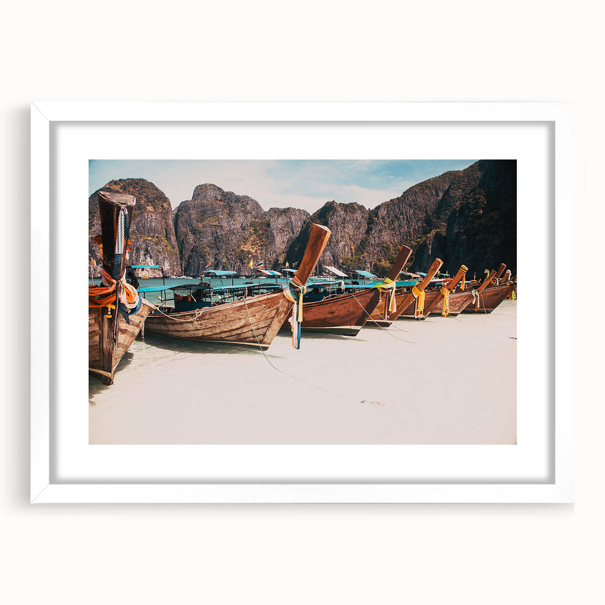 Abstract art print of a serene Thai landscape in muted green and blue tones, framed with a white mat.