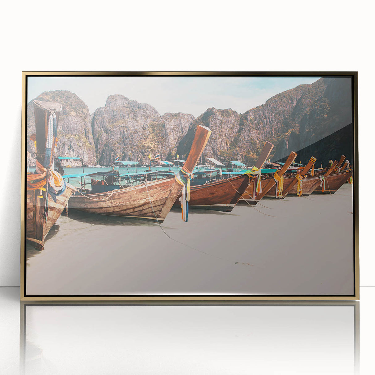 Framed acrylic print of a serene Thai landscape in soft gold and green tones, ideal for modern art wall decor.