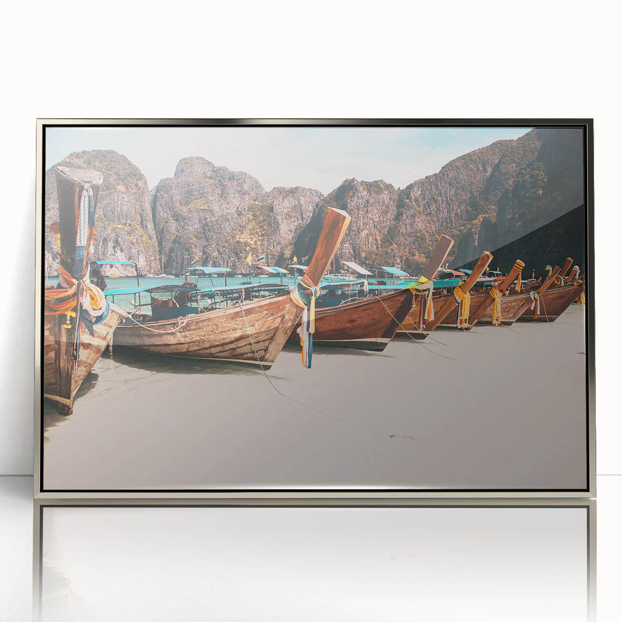 Mid-century modernist art depicting a tranquil Thai landscape in cool blue and green tones on a silver-framed acrylic print.