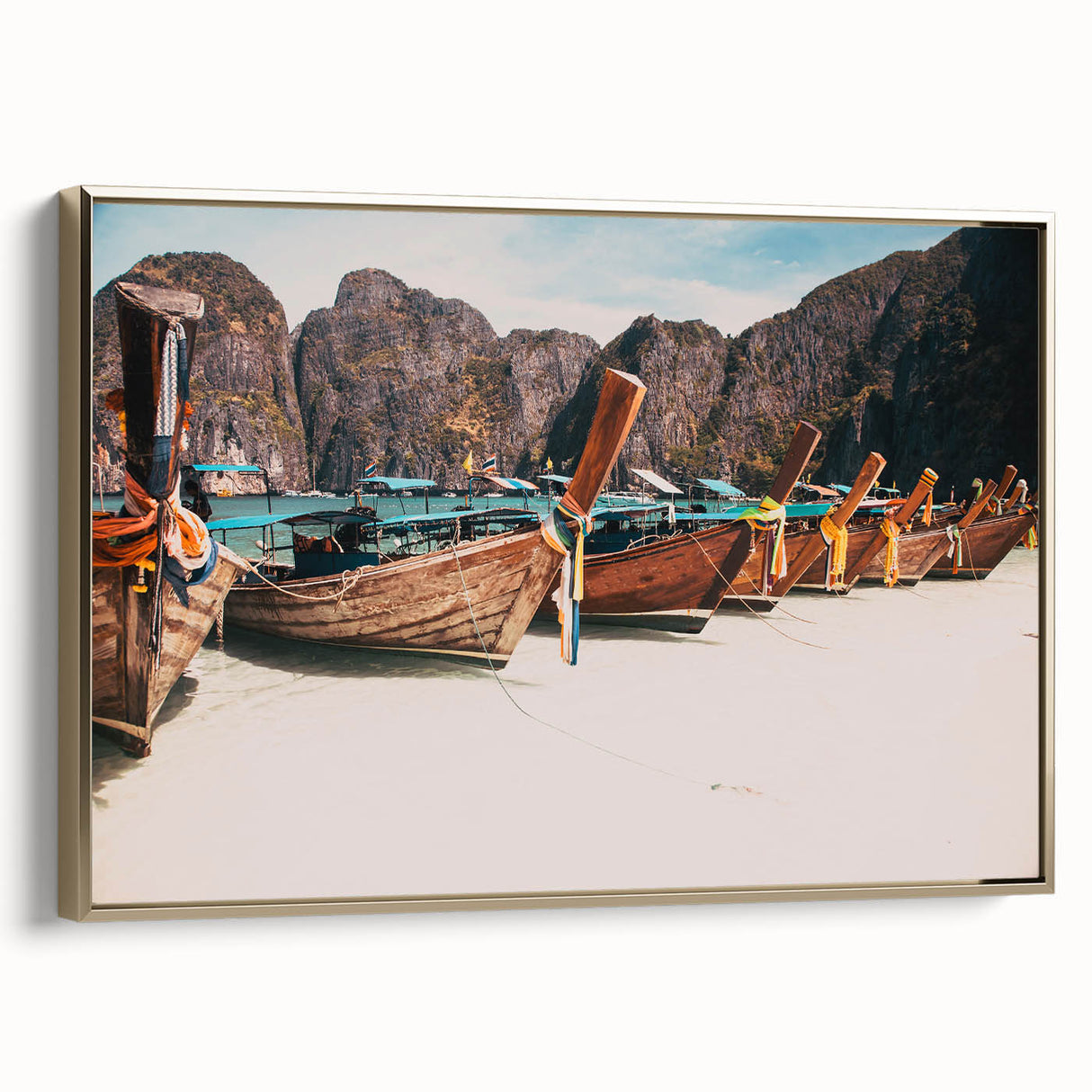 Framed canvas featuring a vintage-style landscape painting of a Thai scenery in muted gold and black tones.