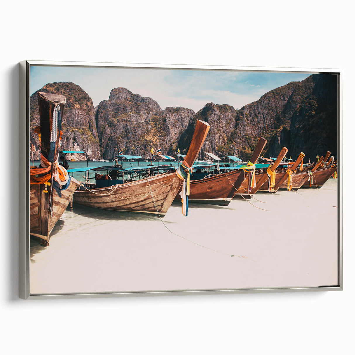 Landscape art painting featuring a vibrant, colorful Thai scenery on a framed canvas, ideal for living room decor.