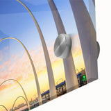 Large abstract wall art depicting the Perth skyline in muted blue and grey tones on acrylic glass.