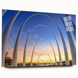 Large abstract depiction of Perth skyline on acrylic glass, using cool blue and gray tones.