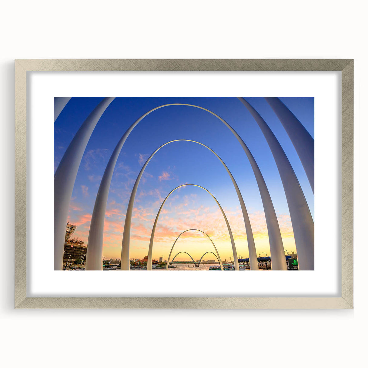 Abstract art print of Perth skyline in muted gray and silver tones, framed with a matte silver border.