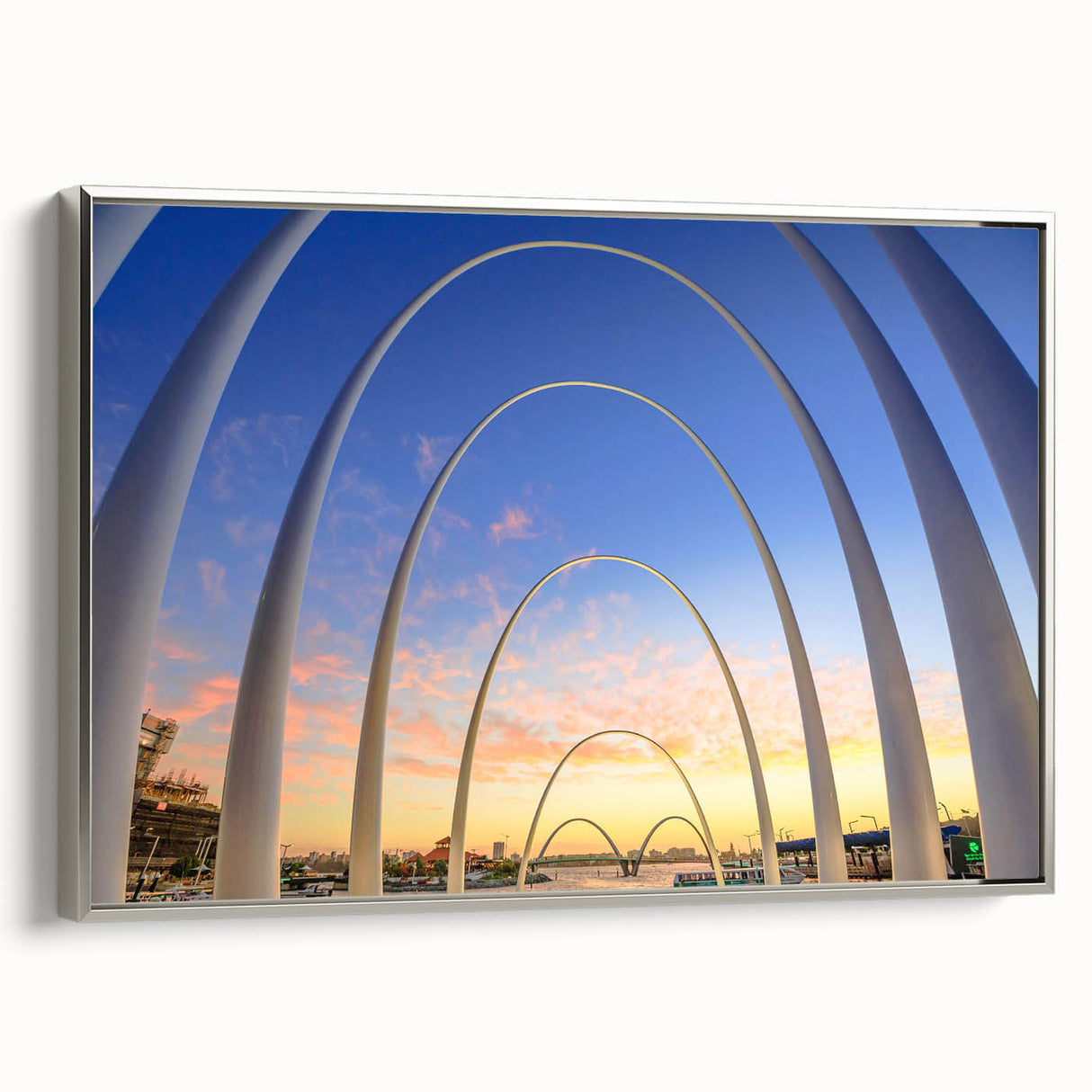 Vintage poster art of Perth, Australia, in colorful hues on extra large framed canvas, ideal for living room decor.