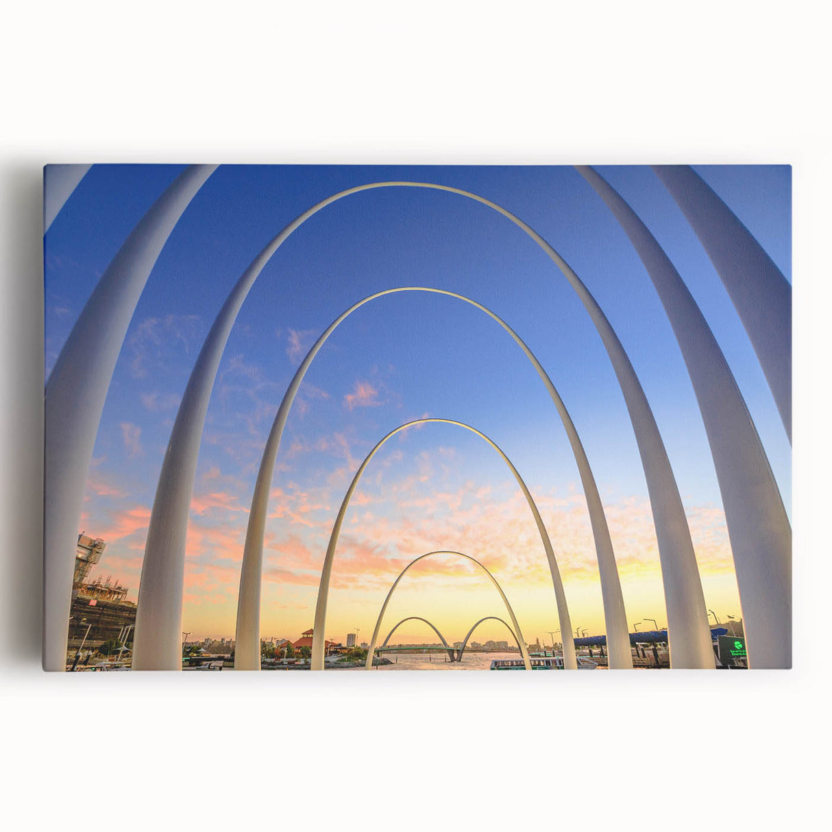Black and white stretched canvas of Perth skyline, ideal for kitchen wall art.