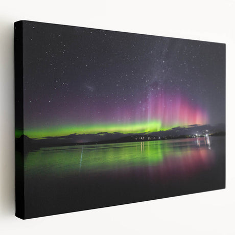 Large canvas print of a serene Tasmania landscape in muted green and blue tones, suitable for kitchen wall art.