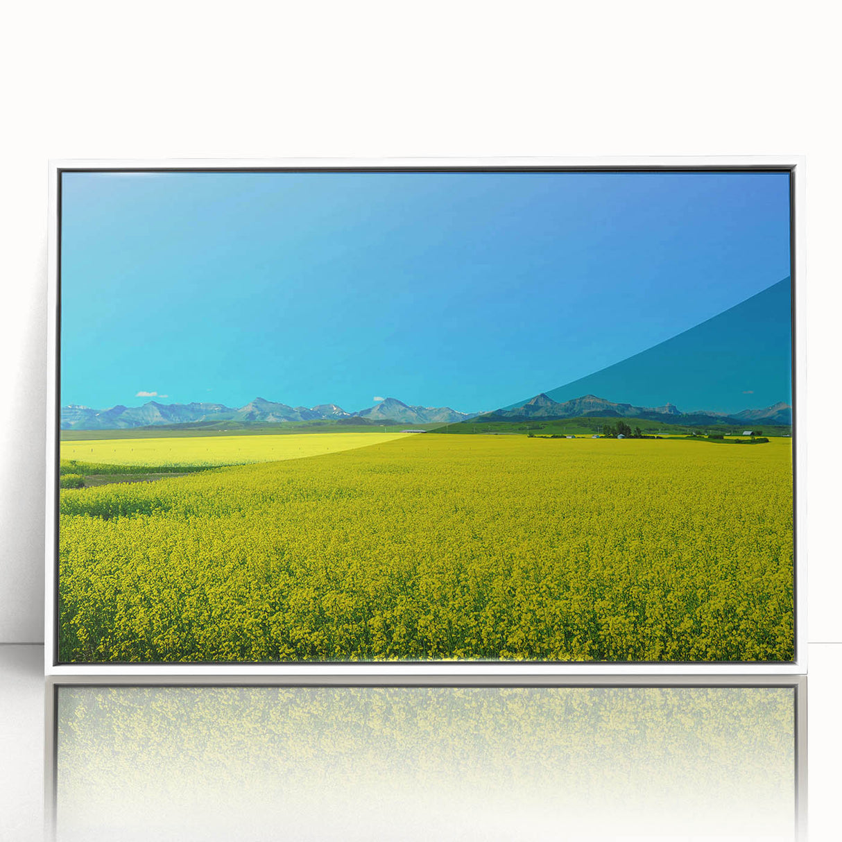 Art deco poster of Alberta, Canada scenery in muted earth tones on framed acrylic, ideal for modern art wall decor.