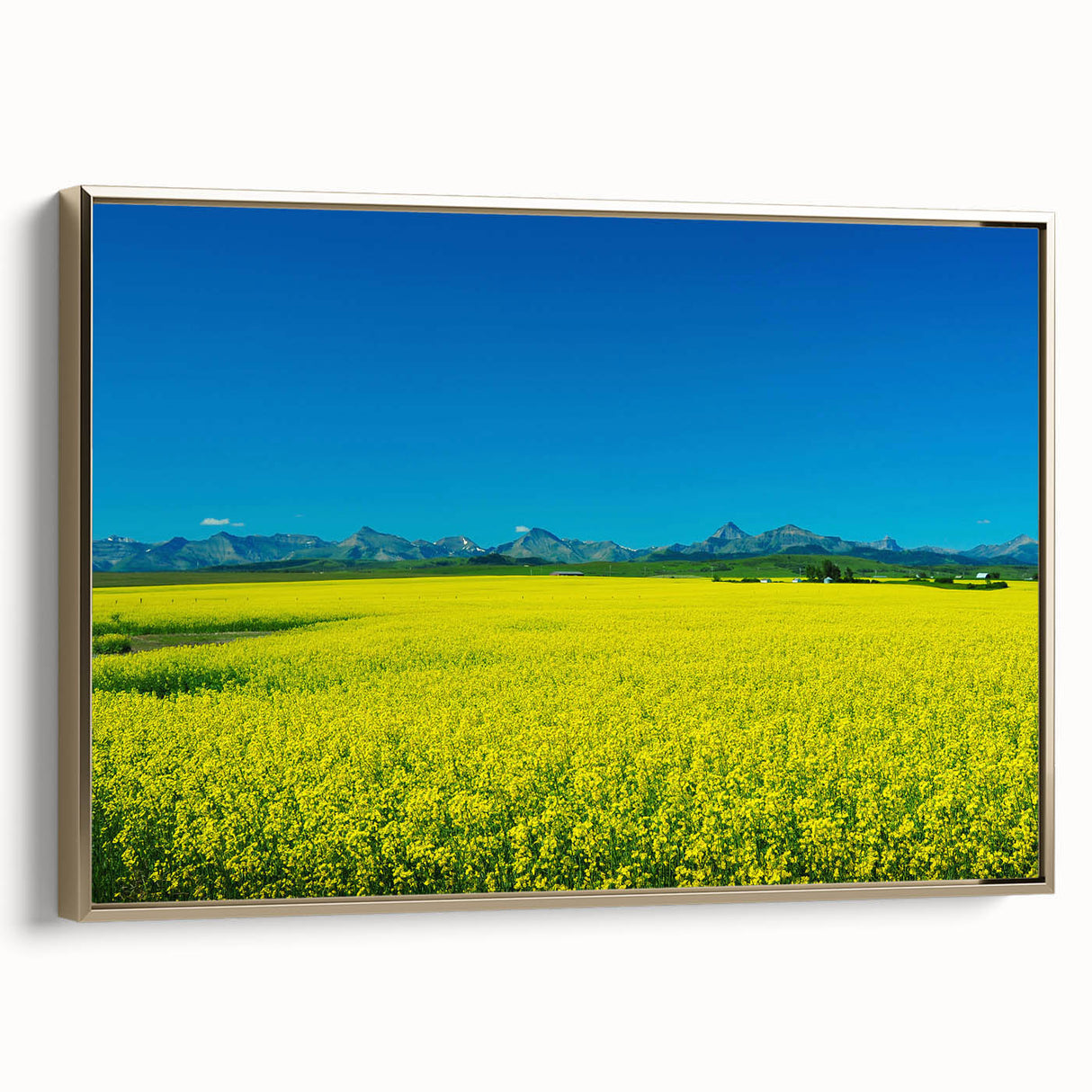 Framed canvas depicting a vintage-style landscape of Alberta, Canada in muted gold and black tones, ideal for bedroom decor.