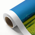 Art deco style poster of Alberta scenery on rolled canvas, featuring muted earth tones, ideal for nursery wall art.