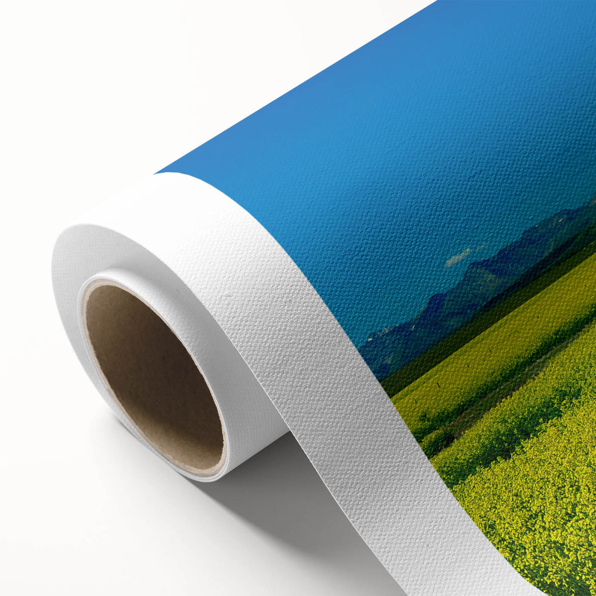 Art deco style poster of Alberta scenery on rolled canvas, featuring muted earth tones, ideal for nursery wall art.
