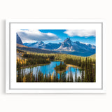 Abstract art print depicting a serene British Columbia landscape in muted earth tones, framed with a white mat.