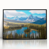 Large abstract wall art depicting a serene British Columbia landscape in muted green and blue tones, framed in black acrylic.