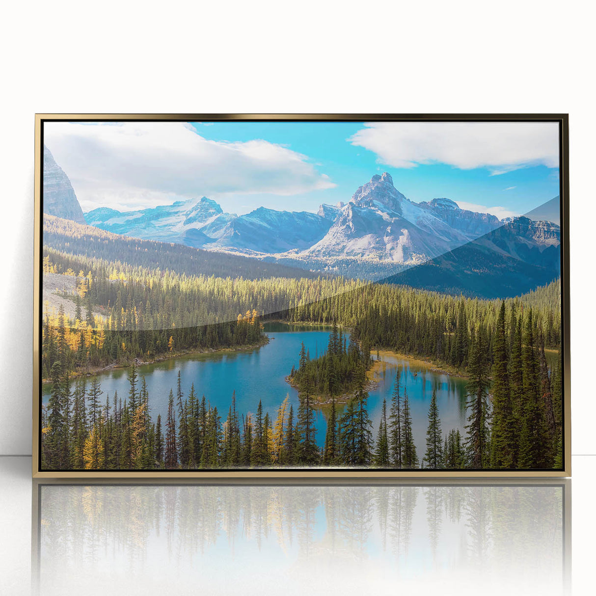 Large art print of British Columbia scenery in muted green and blue tones on framed acrylic, ideal for modern art wall decor.