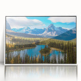 Acrylic print of a serene British Columbia landscape in muted green and blue tones, framed in white.