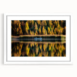 Abstract art print of a serene Manitoba landscape in muted earth tones, framed with a white mat.