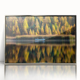 Mid-century modernist art depicting a serene Manitoba landscape in muted earth tones on a framed acrylic panel.