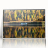 Art deco poster of a Manitoba, Canada scenery in acrylic, framed in white, with muted earth tones.