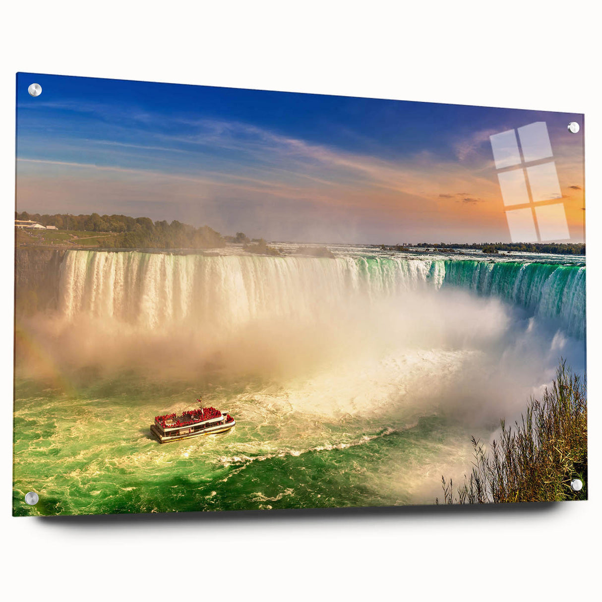 Large abstract wall art on acrylic glass depicting Ontario scenery in muted earth tones.