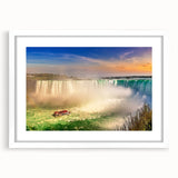 Abstract art print of Ontario scenery in muted earth tones on a framed white mat, suitable for bedroom or dining room decor.