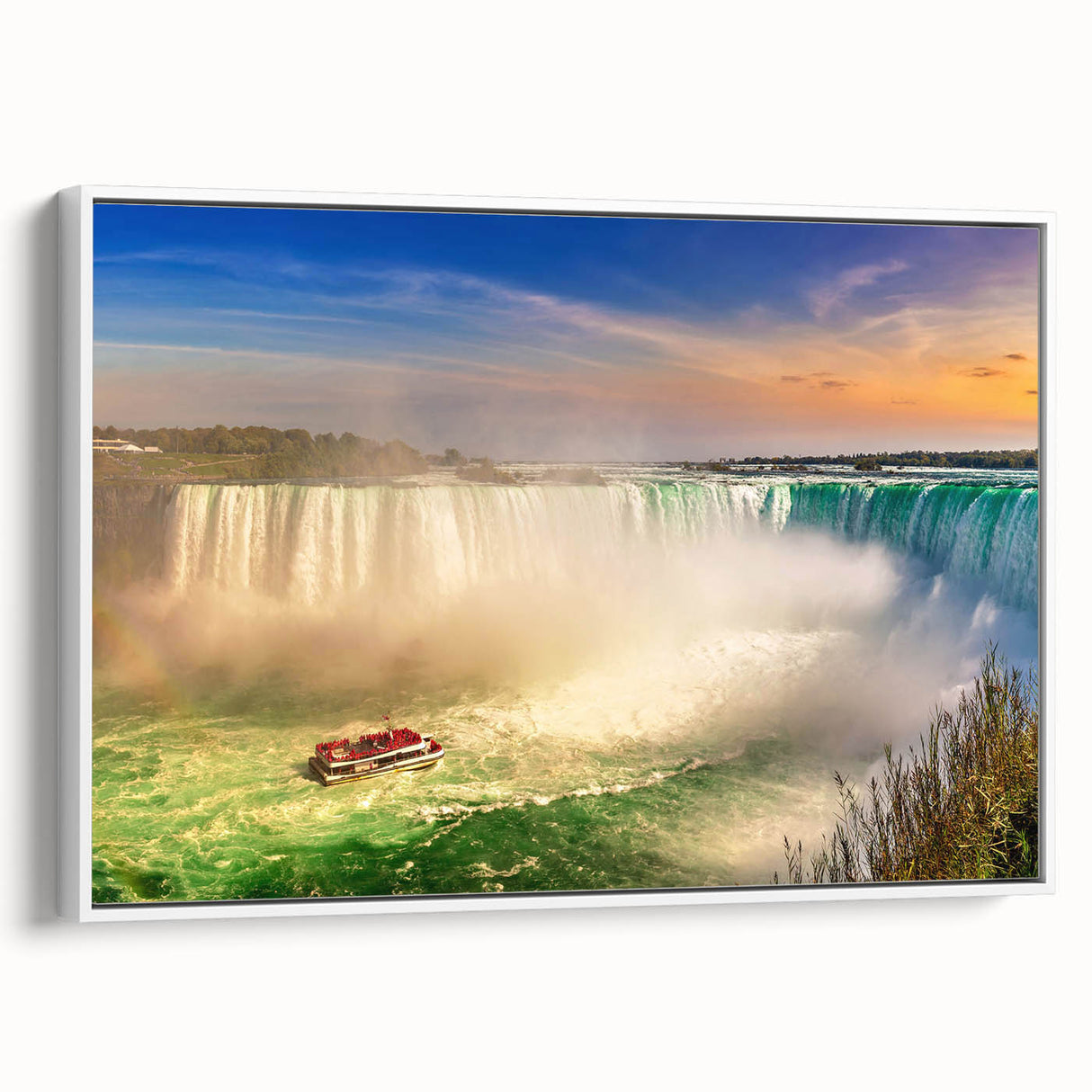 Vintage poster art of Ontario scenery on framed canvas, featuring colorful art in a large format ideal for living room walls.