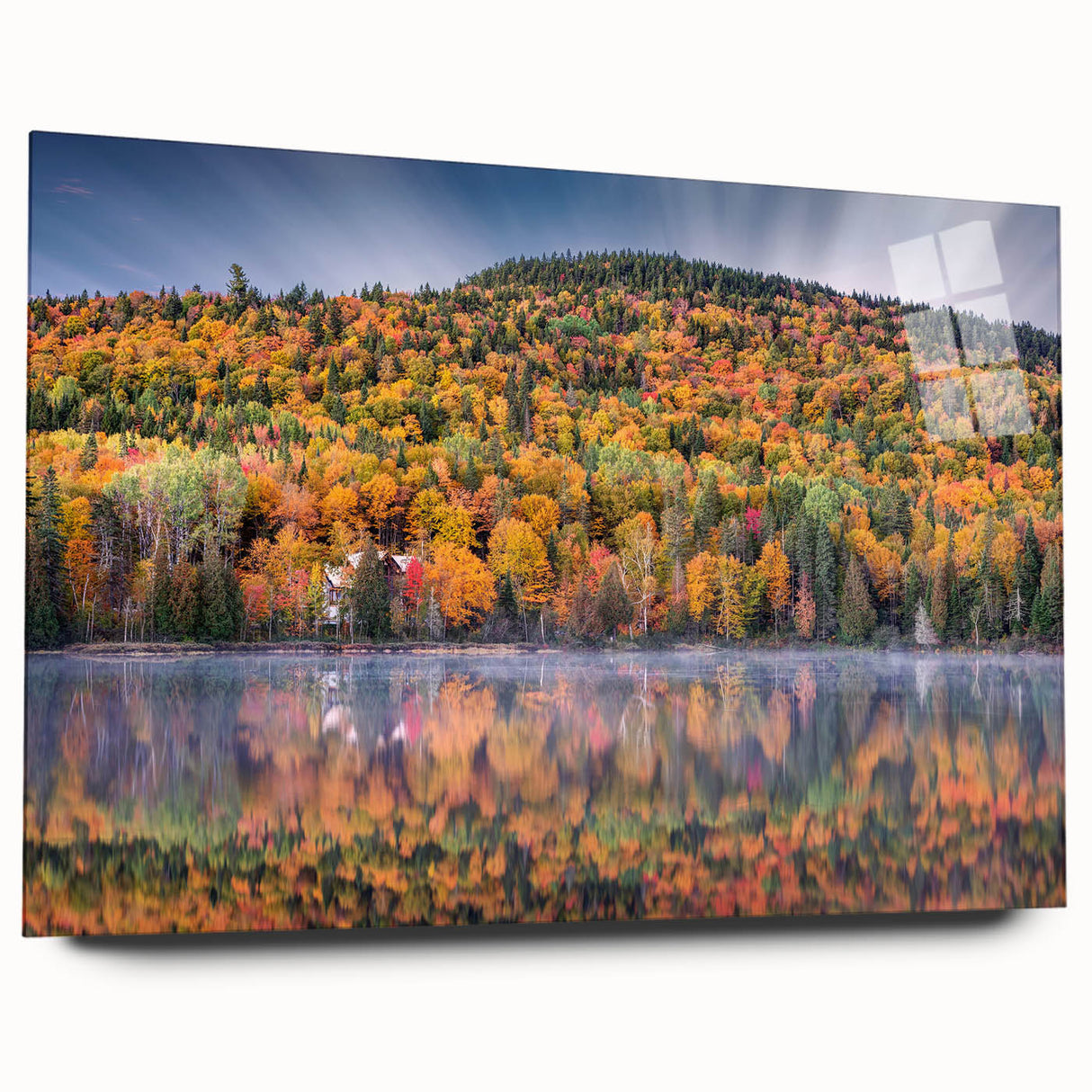 Large abstract wall art of Quebec scenery in muted blue and green tones on acrylic glass.