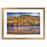 Extra large abstract art print of a textured Canadian Quebec scenery in a gold frame, ideal for living room decor.