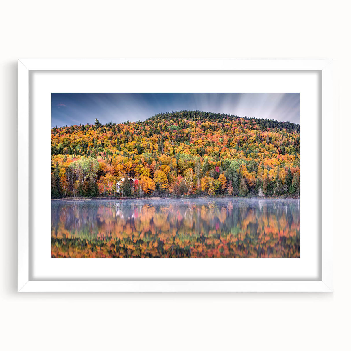 Abstract art print of Quebec scenery in muted blue and green tones on a framed white canvas, suitable for dining room decor.