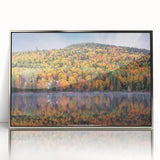 Mid-century modernist art depicting a serene Quebec landscape in muted earth tones, framed in silver acrylic.