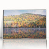 Art deco poster depicting Quebec scenery in muted pastel colors on a white-framed acrylic, ideal for nursery wall art.