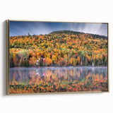 Framed canvas depicting a vintage-style landscape of Quebec, featuring muted earth tones, ideal for bedroom wall art.