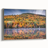 Framed canvas depicting a colorful vintage landscape painting of Quebec, ideal for enhancing a living room or study.