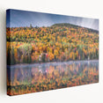 Scenic Quebec landscape on stretched canvas, featuring muted green and blue tones, suitable for kitchen wall art.