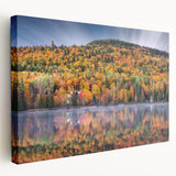 Scenic Quebec landscape on stretched canvas, featuring muted green and blue tones, suitable for kitchen wall art.