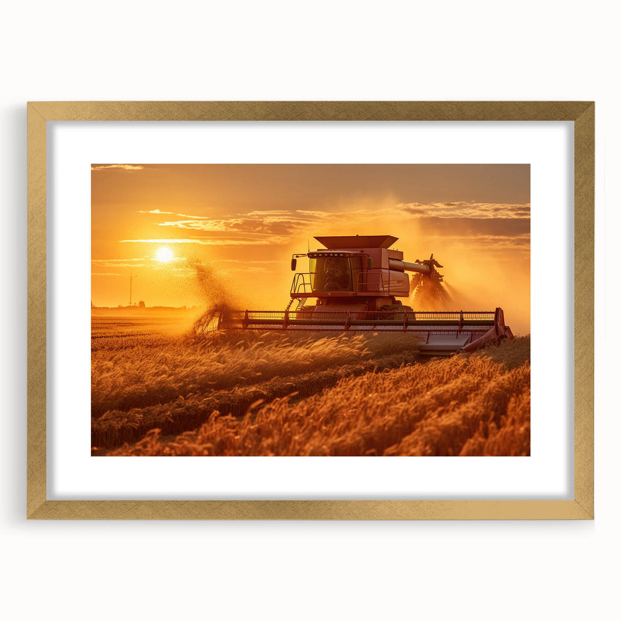 Extra large abstract art print depicting textured scenery of Saskatchewan, in muted earth tones, framed in gold.