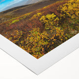 Art deco poster of Yukon scenery on rolled canvas, featuring muted green and blue tones, suitable for dining room wall art.