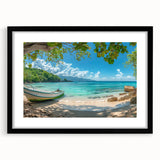 Extra large framed abstract print depicting a colorful Caribbean scenery, ideal for living room decor.