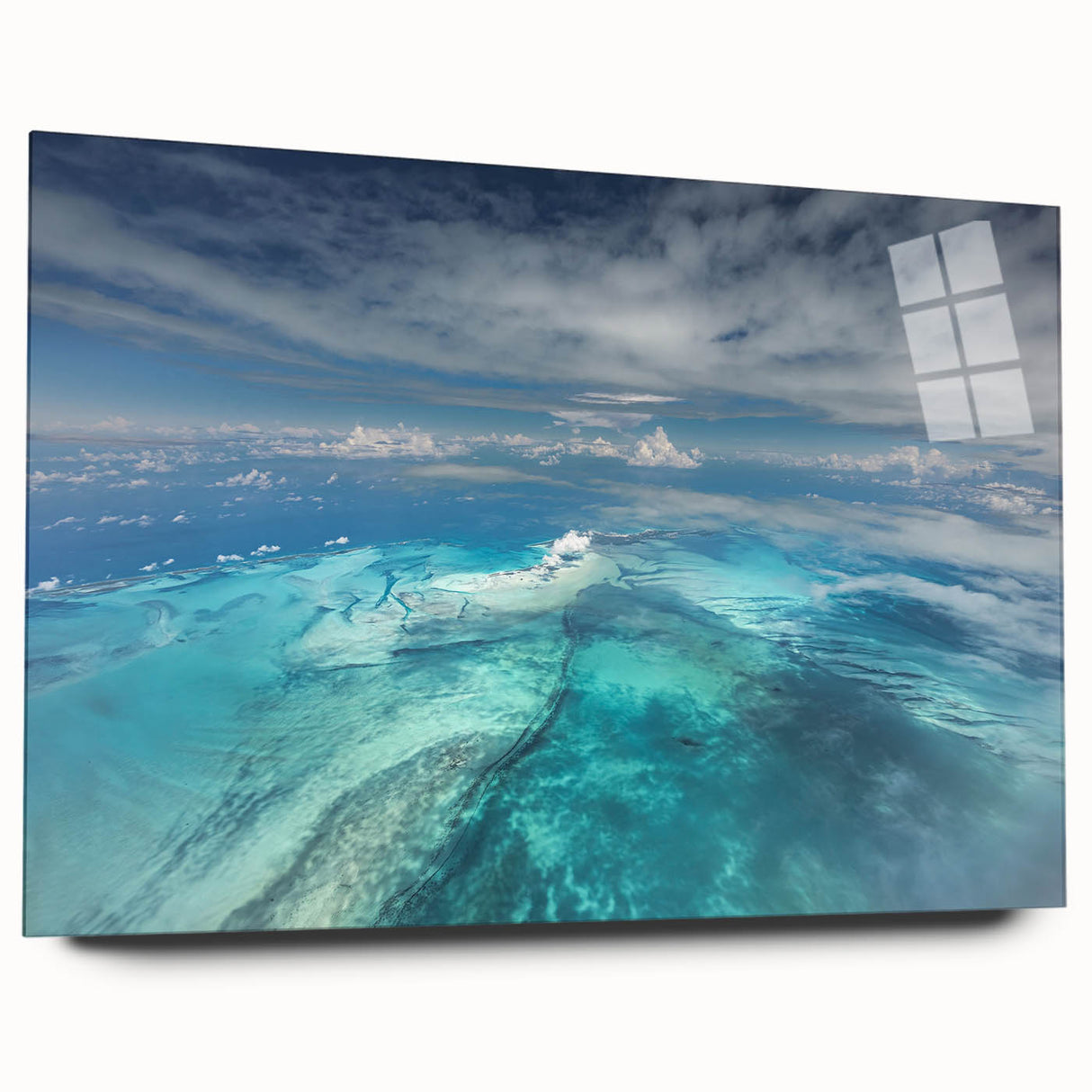 Large abstract acrylic print of a Caribbean seascape with vivid blue and turquoise tones.