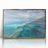 Art deco poster of a Caribbean scenery in acrylic frame, with blue and gold tones, ideal for modern art wall decor.