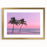 Abstract art print of a Caribbean scenery in muted blue and green tones on a framed canvas, suitable for dining room decor.