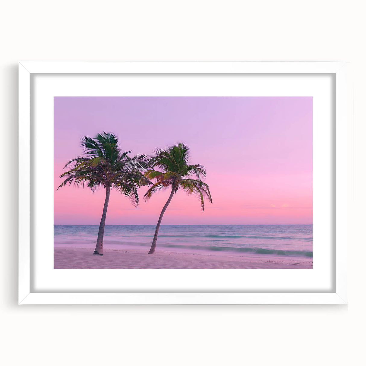 Textured abstract art print depicting a serene Caribbean scenery in pastel hues, framed in white, ideal for bedroom ambiance.