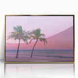 Art Deco poster of a Caribbean scenery in a gold-framed acrylic, featuring vibrant blue and green tones.