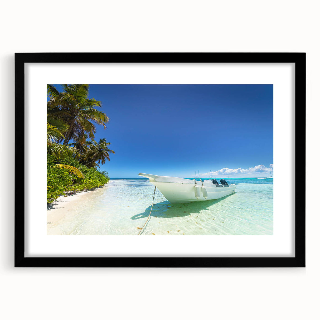 Extra large, textured abstract art print featuring vibrant Caribbean scenery on a framed black mat.