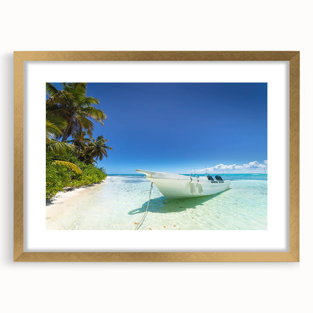 Abstract art print of a Caribbean scene in vibrant blues and greens on a framed gold mat, suitable for dining room decor.