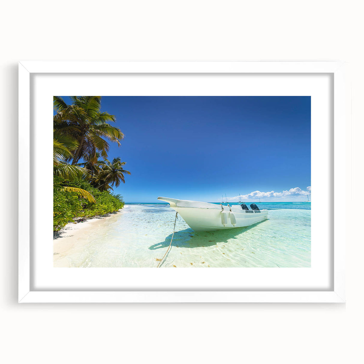 Textured abstract art print of a Caribbean scenery in pastel blue and green hues on a framed white mat.