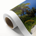Art Deco style poster of a Caribbean scene on rolled canvas, featuring pastel hues.