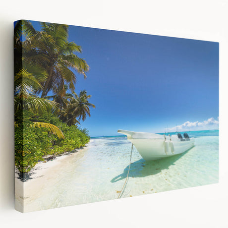 Tropical beach scene on stretched canvas with vibrant blue and green tones, ideal for kitchen wall art.